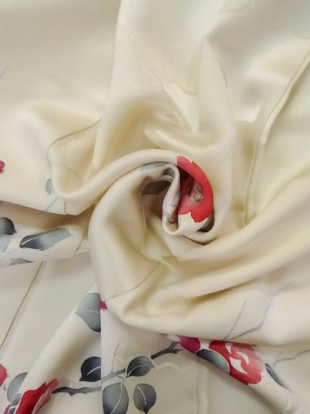 画像14: N1126U 女性用訪問着  シルク(正絹) 光沢のあるオフ ホワイト, バラ 【中古】【USED】【リサイクル】 ★★★☆☆【N1126U】 (14)