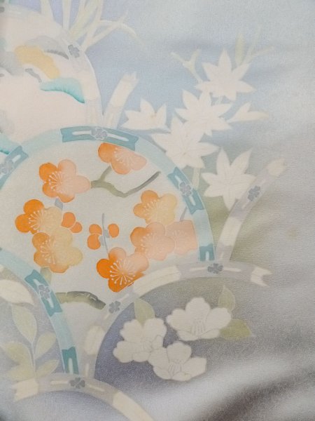 画像9: N1126W 女性用訪問着  シルク（正絹） 淡い水色, 桜 【中古】【USED】【リサイクル】 ★★☆☆☆【N1126W】 (9)