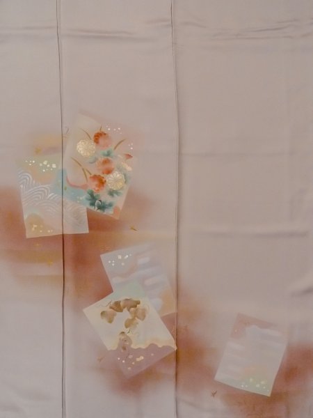 画像4: N1126Y 女性用訪問着  シルク（正絹） 淡いえんじ, 菊 【中古】【USED】【リサイクル】 ★★★☆☆【N1126Y】 (4)