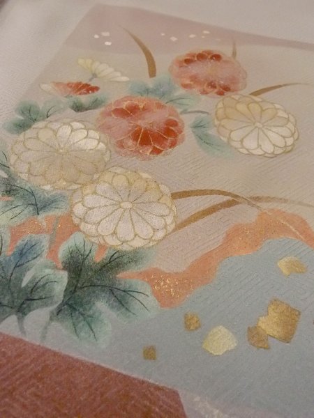 画像12: N1126Y 女性用訪問着  シルク（正絹） 淡いえんじ, 菊 【中古】【USED】【リサイクル】 ★★★☆☆【N1126Y】 (12)