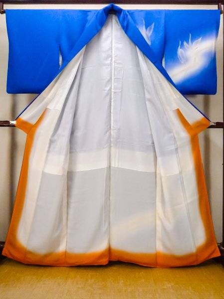 画像3: N1126Z 女性用訪問着  シルク（正絹） 光沢のある青, 鶴 【中古】【USED】【リサイクル】 ★★☆☆☆【N1126Z】 (3)