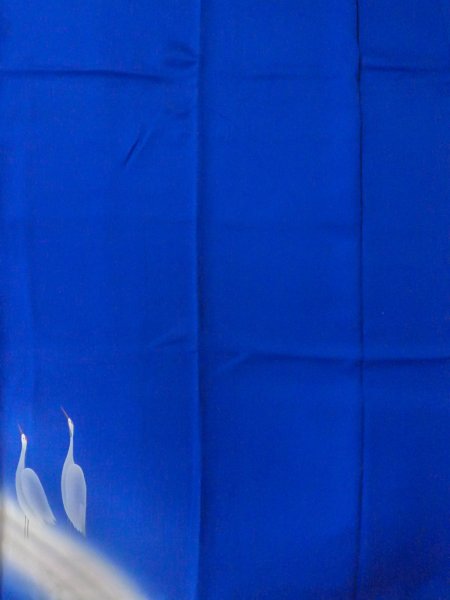 画像5: N1126Z 女性用訪問着  シルク（正絹） 光沢のある青, 鶴 【中古】【USED】【リサイクル】 ★★☆☆☆【N1126Z】 (5)