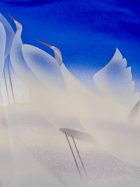 画像10: N1126Z 女性用訪問着  シルク（正絹） 光沢のある青, 鶴 【中古】【USED】【リサイクル】 ★★☆☆☆【N1126Z】 (10)