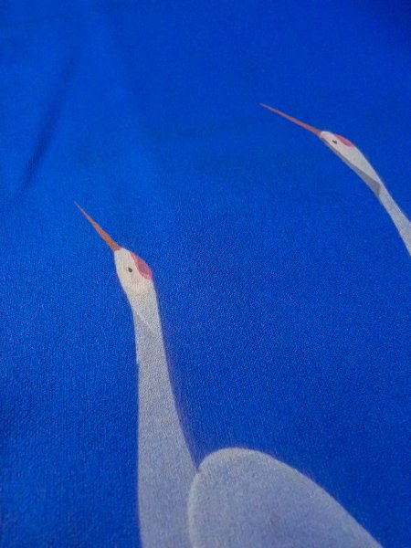 画像13: N1126Z 女性用訪問着  シルク（正絹） 光沢のある青, 鶴 【中古】【USED】【リサイクル】 ★★☆☆☆【N1126Z】 (13)