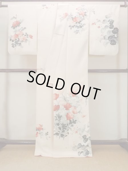 画像2: N1127A 女性用訪問着  シルク（正絹） アイボリー, 花 【中古】【USED】【リサイクル】 ★★☆☆☆【N1127A】 (2)