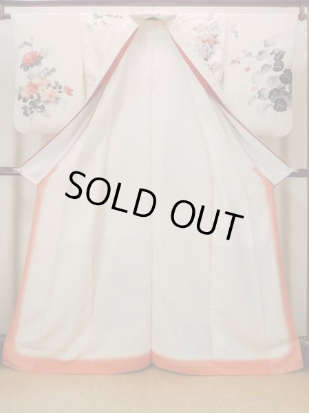 画像3: N1127A 女性用訪問着  シルク（正絹） アイボリー, 花 【中古】【USED】【リサイクル】 ★★☆☆☆【N1127A】 (3)