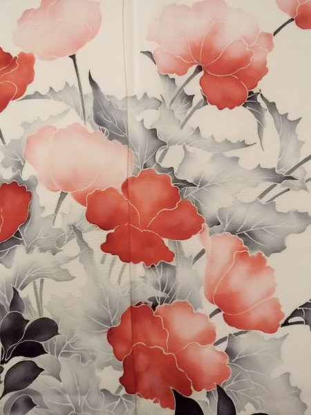 画像6: N1127A 女性用訪問着  シルク（正絹） アイボリー, 花 【中古】【USED】【リサイクル】 ★★☆☆☆【N1127A】 (6)