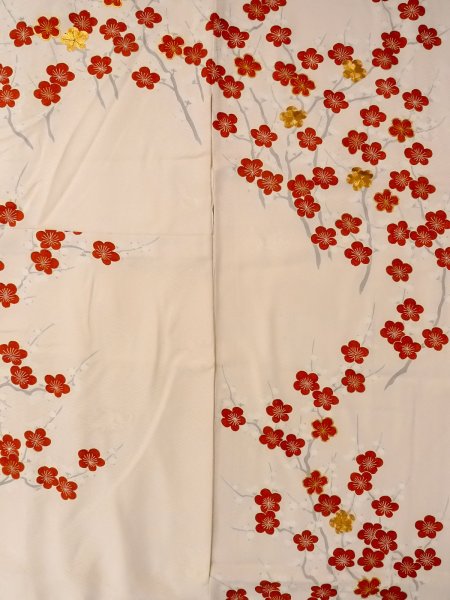 画像7: N1127D 女性用振袖  シルク（正絹） 淡い桃色, 梅 【中古】【USED】【リサイクル】 ★★★☆☆【N1127D】 (7)