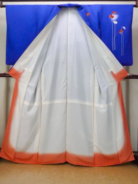 画像2: N1210I 女性用付下げ  シルク(正絹) 鮮やか青, 花 【中古】【USED】【リサイクル】 ★★☆☆☆【N1210I】 (2)