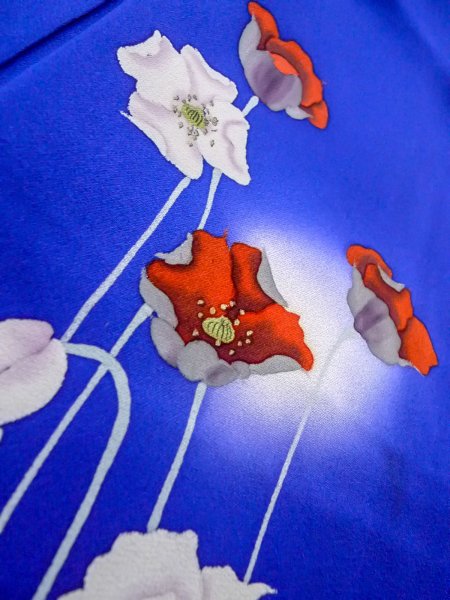画像8: N1210I 女性用付下げ  シルク(正絹) 鮮やか青, 花 【中古】【USED】【リサイクル】 ★★☆☆☆【N1210I】 (8)