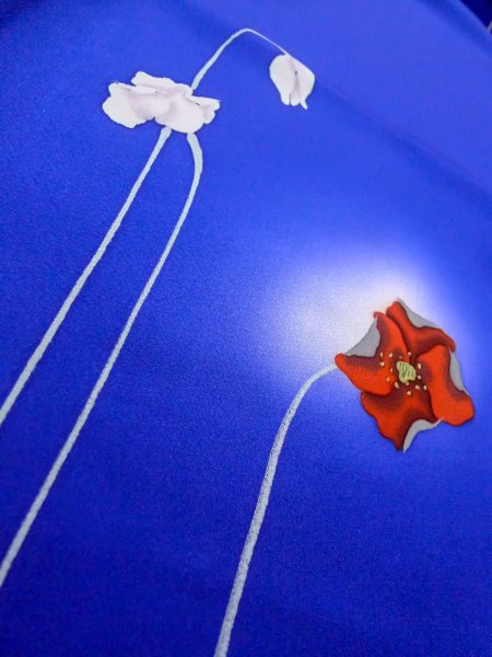 画像9: N1210I 女性用付下げ  シルク(正絹) 鮮やか青, 花 【中古】【USED】【リサイクル】 ★★☆☆☆【N1210I】 (9)