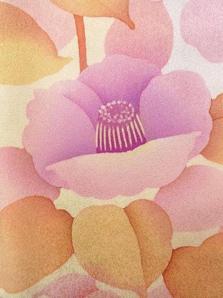 画像7: N1210K 女性用訪問着  シルク（正絹） 薄いアイボリー, 椿 【中古】【USED】【リサイクル】 ★★★☆☆【N1210K】 (7)