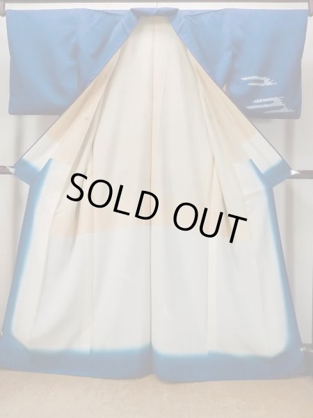 画像2: N1210N 女性用付下げ  シルク（正絹） 紺, 鶴 【中古】【USED】【リサイクル】 ★★★☆☆【N1210N】 (2)