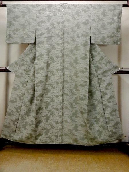 画像1: N1210Z 女性用小紋 江戸小紋 シルク（正絹） 淡い灰色がかった緑色, 花 【中古】【USED】【リサイクル】 ★★★☆☆【N1210Z】 (1)