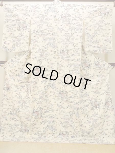 画像1: N1211D 女性用小紋  シルク（正絹） アイボリー, 菊 【中古】【USED】【リサイクル】 ★★★☆☆【N1211D】 (1)