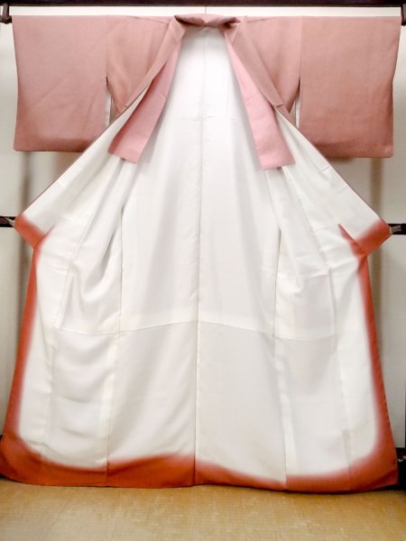 画像2: N1211E 女性用小紋 江戸小紋 シルク(正絹) 朱赤, 青海波 【中古】【USED】【リサイクル】 ★★☆☆☆【N1211E】 (2)