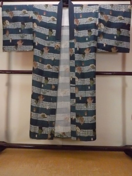 画像1: O0124A 男性用襦袢  ウール 藍, 松/松葉 【中古】【USED】【リサイクル】 ★☆☆☆☆【O0124A】 (1)