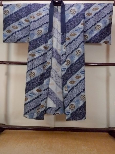 画像1: O0124B 男性用襦袢  ウール 藍, 青海波 【中古】【USED】【リサイクル】 ★☆☆☆☆【O0124B】 (1)