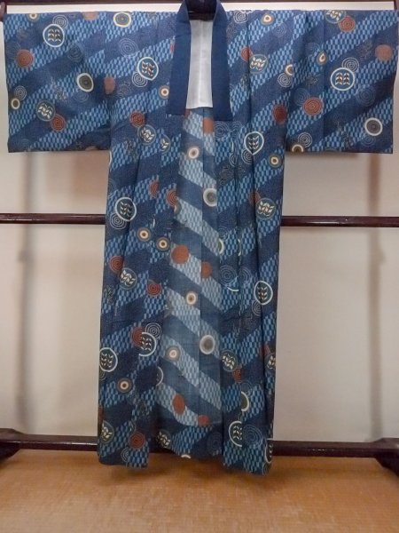 画像1: O0124E 男性用襦袢  ウール 藍, 小さな点々 【中古】【USED】【リサイクル】 ★★★☆☆【O0124E】 (1)