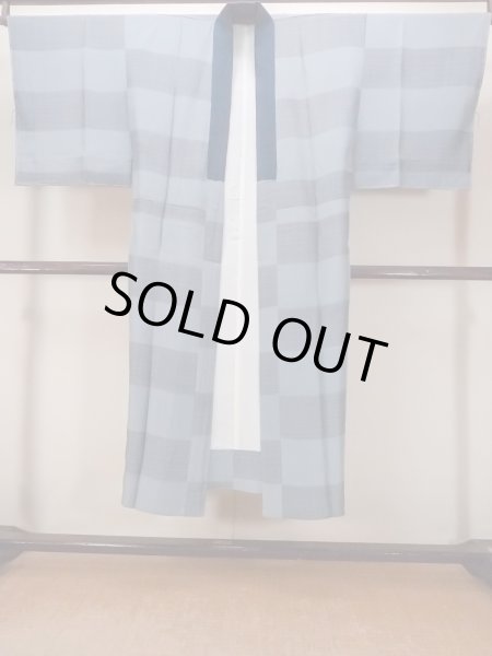 画像1: O0124F 男性用襦袢  シルク（正絹） 灰色, チェック柄 【中古】【USED】【リサイクル】 ★★★☆☆【O0124F】 (1)