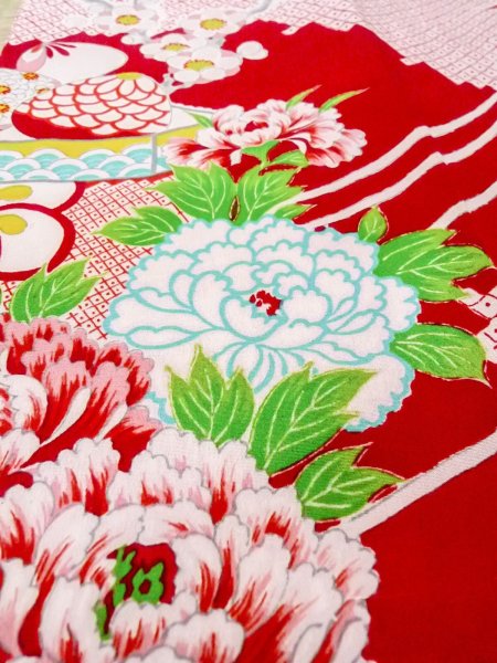 画像9: O0124O 女性用襦袢  シルク（正絹） 赤色, ぼたん 【中古】【USED】【リサイクル】 ★★☆☆☆【O0124O】 (9)