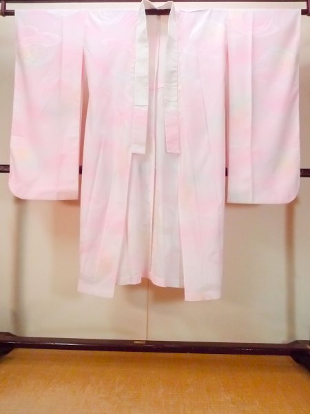 画像1: O0124Y 女性用襦袢  シルク（正絹） 淡い桃色, 鶴 【中古】【USED】【リサイクル】 ★★★☆☆【O0124Y】 (1)