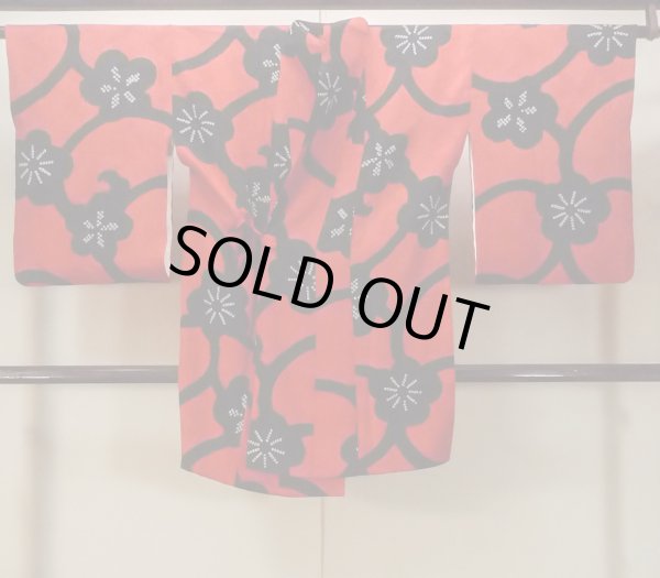 画像1: O0131G 女性用道中着  シルク（正絹） 鮮やか赤色, 花 【中古】【USED】【リサイクル】 ★★★☆☆【O0131G】 (1)