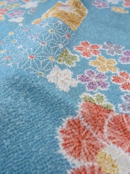 画像8: O0131I 女性用道行  シルク（正絹） 水色, 花 【中古】【USED】【リサイクル】 ★★★★☆【O0131I】 (8)