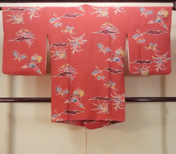 画像2: O0131R 女性用道行  シルク（正絹） 灰色がかった珊瑚色, 梅 【中古】【USED】【リサイクル】 ★★★★☆【O0131R】 (2)