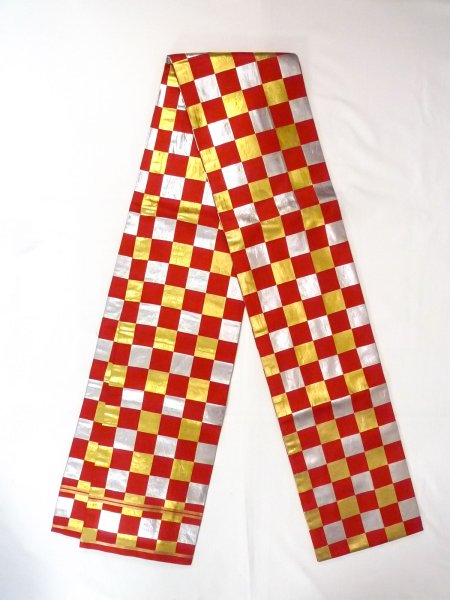 画像1: O0207B 半幅帯 女性用着物 シルク（正絹）  鮮やか 赤色 チェック柄 【中古】 【USED】 【リサイクル】 ★★★☆☆ (1)
