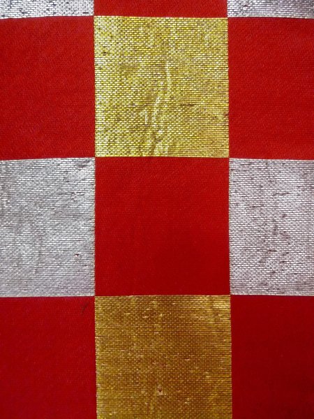 画像5: O0207B 半幅帯 女性用着物 シルク（正絹）  鮮やか 赤色 チェック柄 【中古】 【USED】 【リサイクル】 ★★★☆☆ (5)