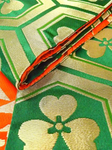 画像10: O0207C 半幅帯 女性用着物 シルク（正絹）   緑色 花 【中古】 【USED】 【リサイクル】 ★★★☆☆ (10)