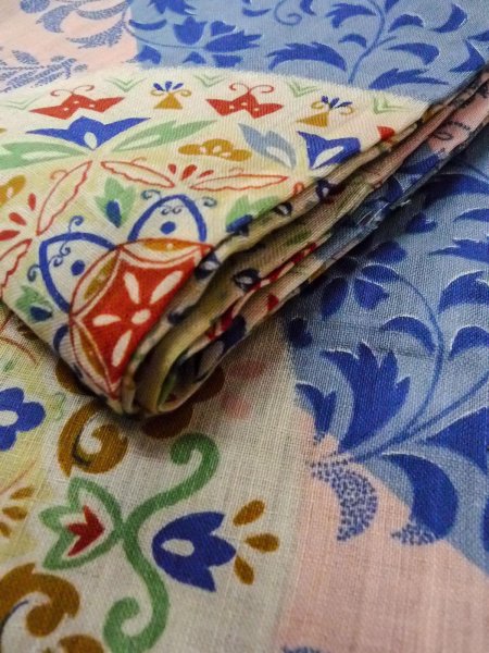 画像10: O0207D 半幅帯 女性用着物 綿  淡い マルチカラー 更紗 【中古】 【USED】 【リサイクル】 ★★☆☆☆ (10)