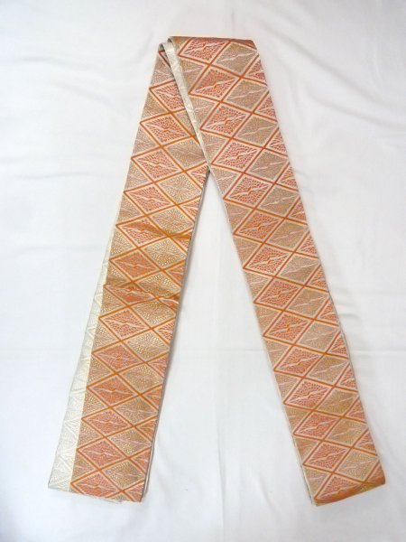 画像1: O0207J 半幅帯 女性用着物 シルク（正絹）   橙色 鳥 【中古】 【USED】 【リサイクル】 ★★★★☆ (1)