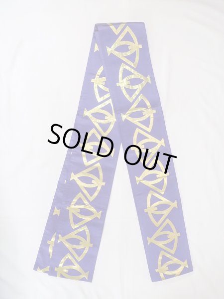 画像1: O0208D 半幅帯 女性用着物 シルク（正絹）  光沢のある 紫色 扇 【中古】 【USED】 【リサイクル】 ★★★☆☆ (1)