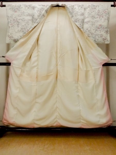 画像2: O0218R 女性用小紋  シルク（正絹） 灰色がかった水色, 桜 【中古】【USED】【リサイクル】 ★★☆☆☆【O0218R】 (2)