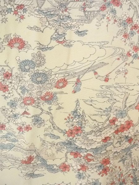 画像3: O0218R 女性用小紋  シルク（正絹） 灰色がかった水色, 桜 【中古】【USED】【リサイクル】 ★★☆☆☆【O0218R】 (3)