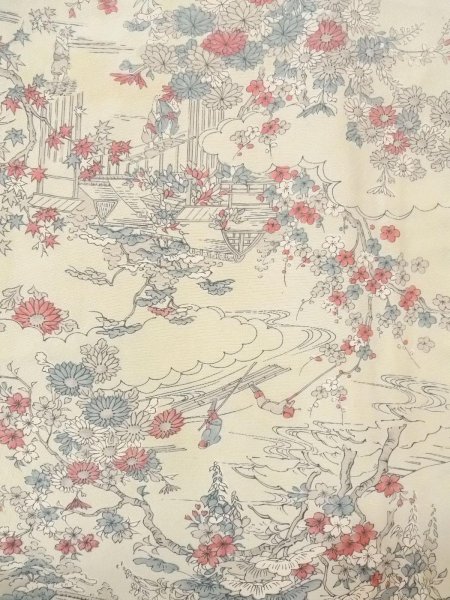 画像4: O0218R 女性用小紋  シルク（正絹） 灰色がかった水色, 桜 【中古】【USED】【リサイクル】 ★★☆☆☆【O0218R】 (4)