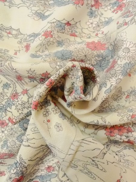 画像11: O0218R 女性用小紋  シルク（正絹） 灰色がかった水色, 桜 【中古】【USED】【リサイクル】 ★★☆☆☆【O0218R】 (11)