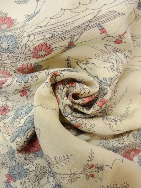 画像12: O0218R 女性用小紋  シルク（正絹） 灰色がかった水色, 桜 【中古】【USED】【リサイクル】 ★★☆☆☆【O0218R】 (12)