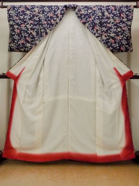 画像2: O0218T 女性用小紋  シルク（正絹） 藍, 花 【中古】【USED】【リサイクル】 ★★★☆☆【O0218T】 (2)