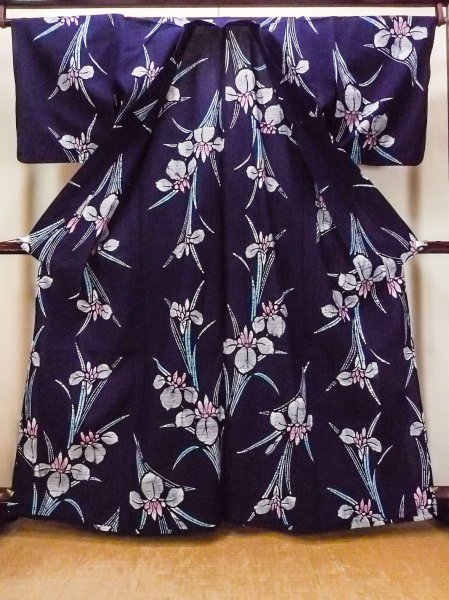 画像2: O0228C 女性用注染浴衣  綿 藍, あやめ 【中古】【USED】【リサイクル】 ★★★☆☆【O0228C】 (2)