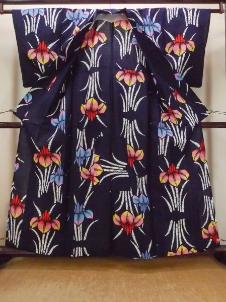 画像2: O0228E 女性用注染浴衣  綿 藍, あやめ 【中古】【USED】【リサイクル】 ★★☆☆☆【O0228E】 (2)