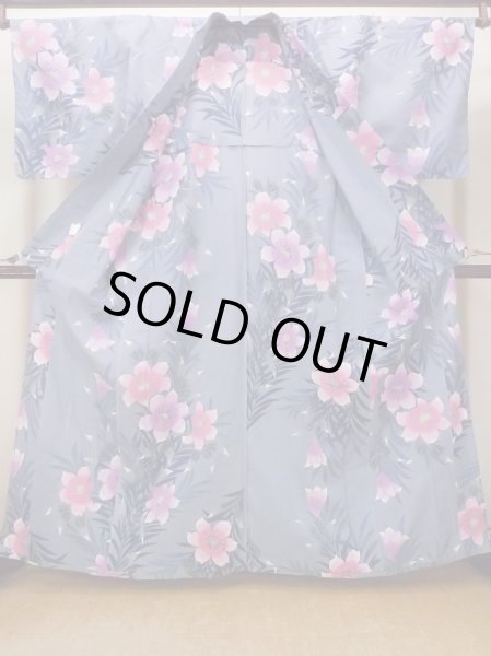 画像2: O0228W 女性用浴衣（海外製）  綿 青み灰色, あやめ 【中古】【USED】【リサイクル】 ★★☆☆☆【O0228W】 (2)