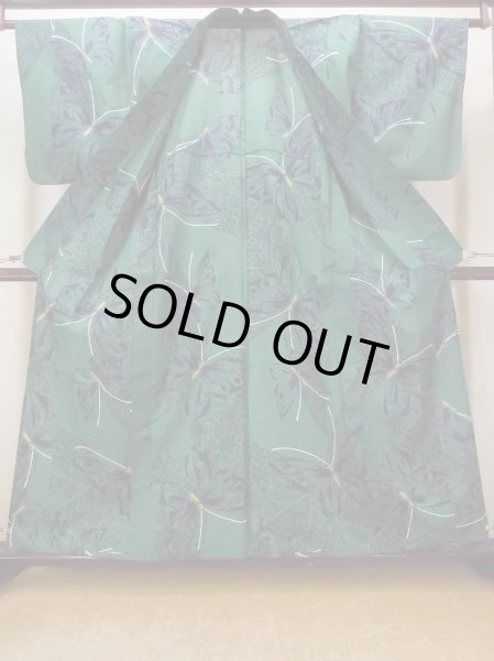 画像2: O0301B 女性用浴衣（日本製）  綿 緑色, 花 【中古】【USED】【リサイクル】 ★★★★☆【O0301B】 (2)