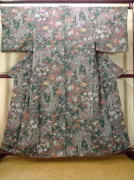 画像1: O0312B 女性用小紋  シルク（正絹） 深い緑色, ぼたん 【中古】【USED】【リサイクル】 ★★★★☆【O0312B】 (1)