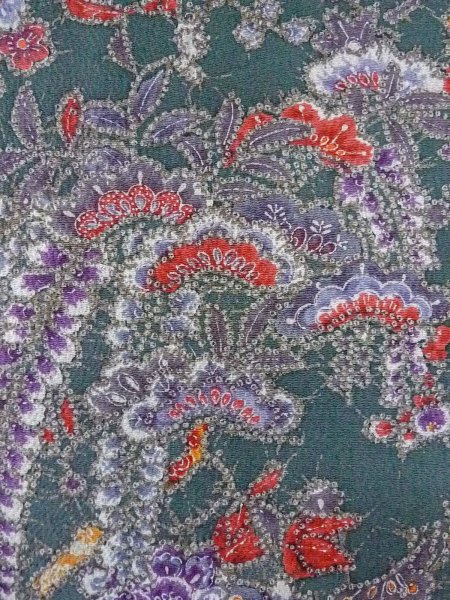 画像5: O0312B 女性用小紋  シルク(正絹) 深い緑色, ぼたん 【中古】【USED】【リサイクル】 ★★★★☆【O0312B】 (5)