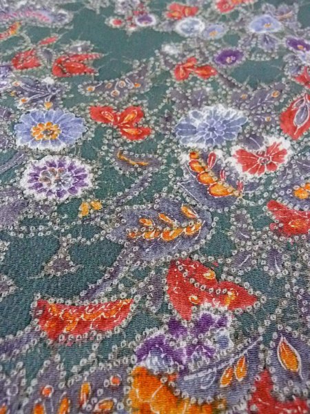 画像9: O0312B 女性用小紋  シルク(正絹) 深い緑色, ぼたん 【中古】【USED】【リサイクル】 ★★★★☆【O0312B】 (9)