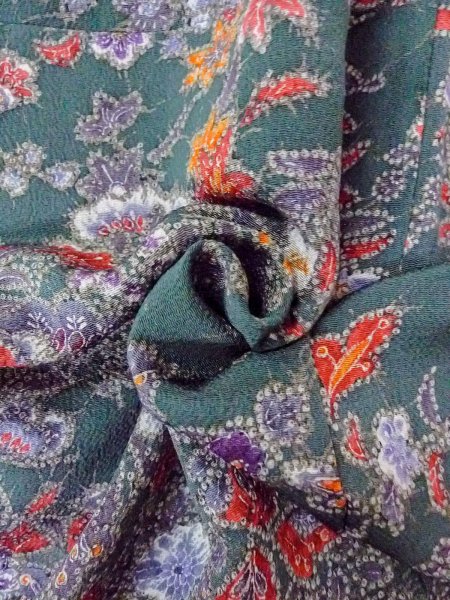 画像11: O0312B 女性用小紋  シルク(正絹) 深い緑色, ぼたん 【中古】【USED】【リサイクル】 ★★★★☆【O0312B】 (11)