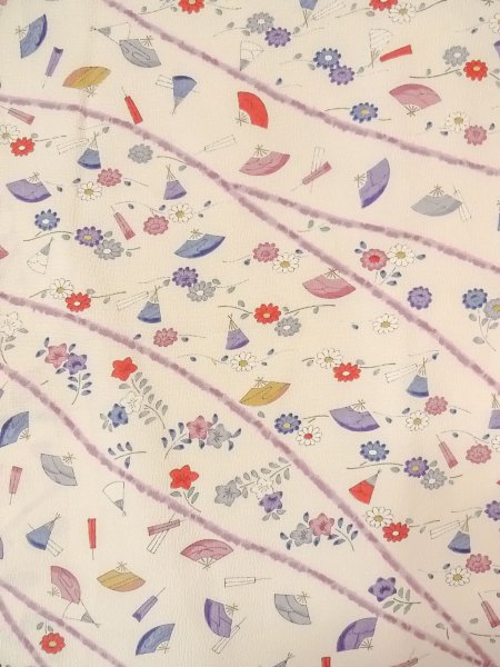 画像3: O0312E 女性用小紋  シルク(正絹) オフ ホワイト, 菊 【中古】【USED】【リサイクル】 ★★☆☆☆【O0312E】 (3)